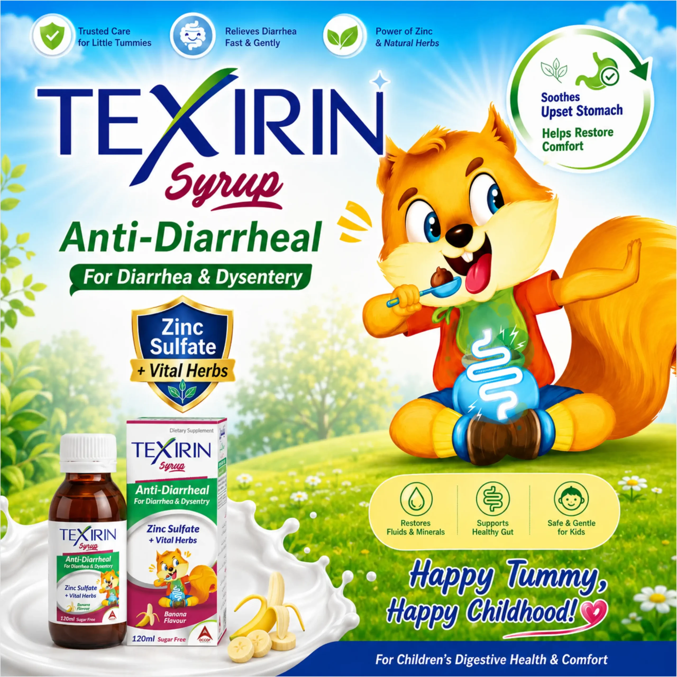 Texirin Anti-Diarrheal Syrup pack web poster drop card design literature